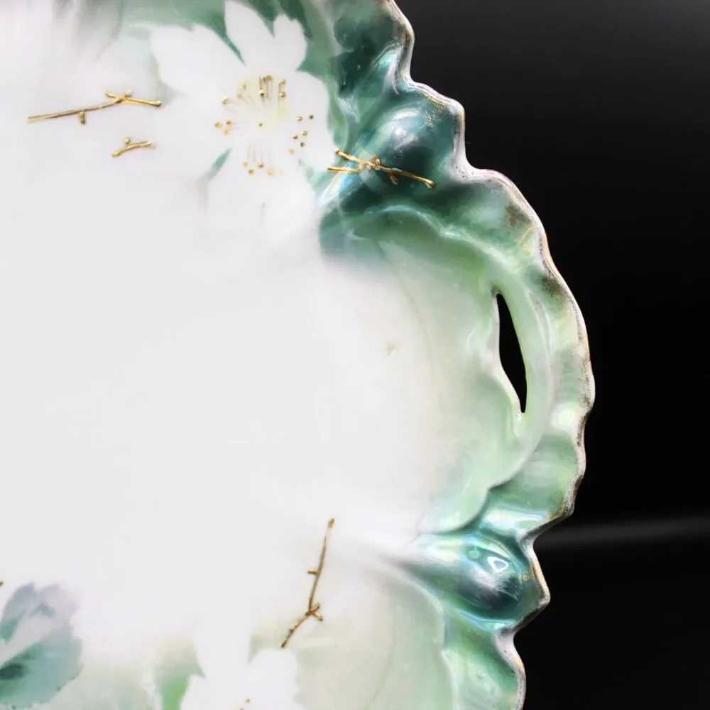Antique RS Prussian Cake Plate Porcelain Iridescent Green Floral Open Handles